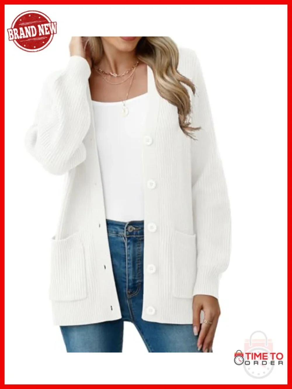 Chunky Knit Cardigan Sweater Long Sleeve V-Neck Button Up with Pockets